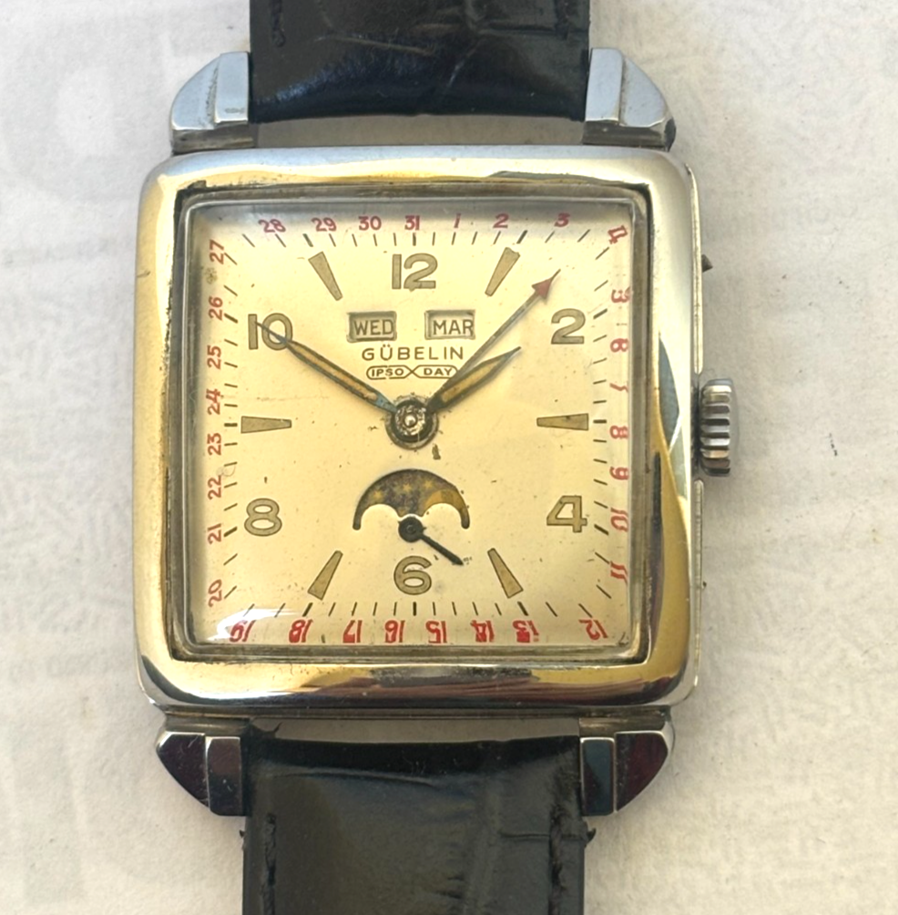 Vintage Gubelin Triple Calendar Moon Phase  Stainless Steel Men Watch Working