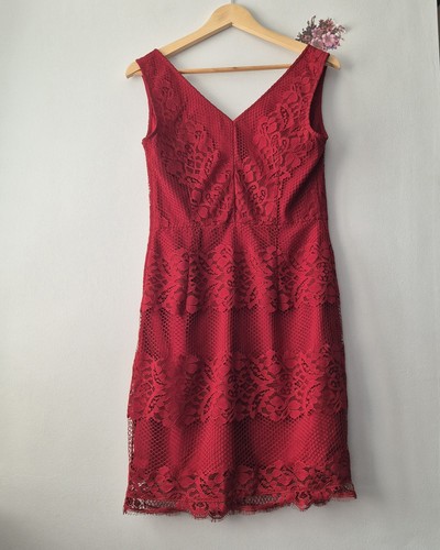 Next Size 10 V Neck Sleeveless Red Laced Dress With Lining & Side Zip - Picture 10 of 13