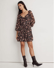 Madewell Amalia Tiered Mini Dress 4 Black Pampas Blooms NEW