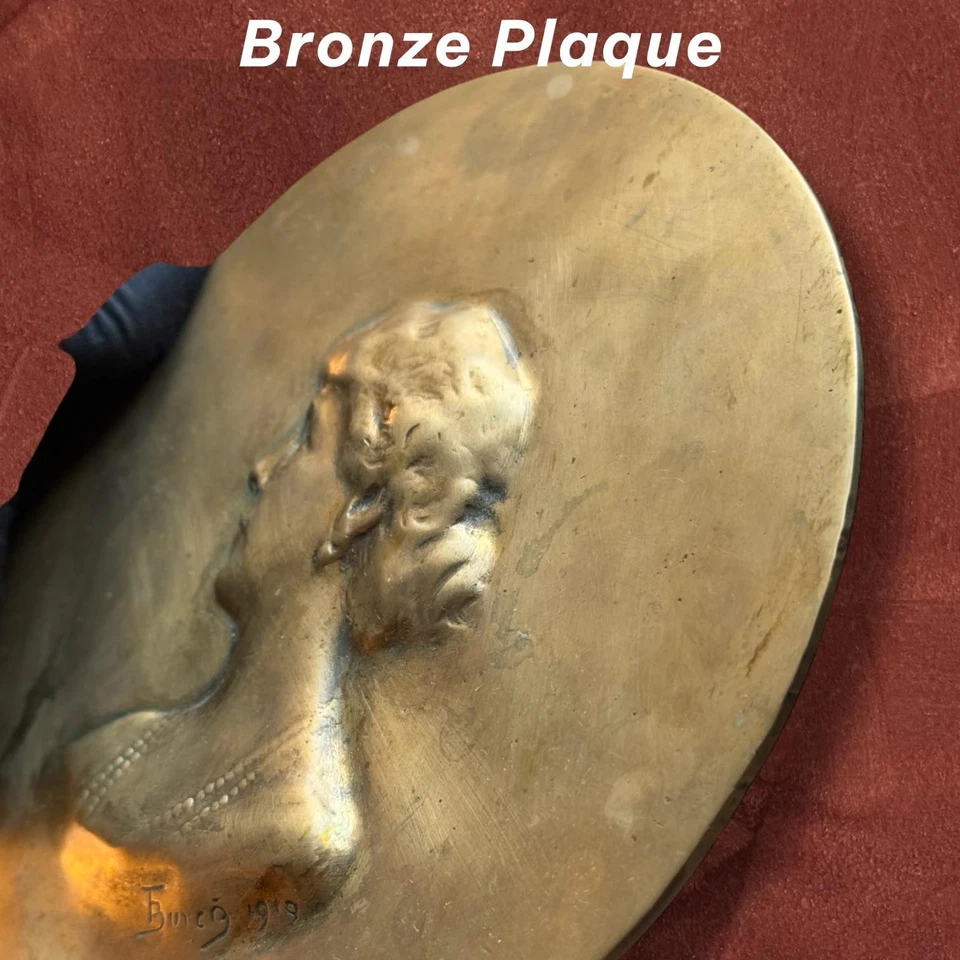 Antique Plaque Bronze Portrait Head Bas-Relief Burcg Art Decor Women Sculpture - Image 3 of 4