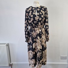 ZARA Black Floral Patterned Side Split Midi Dress Size L 12 Tie Neck Back Party