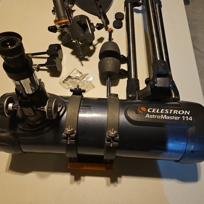 Celestron AstroMaster 114 EQ Telescope w/Tripod & Extras Model 31042 Works