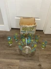 Vintage 70s MCM Anchor Hocking Spiffy 7 Pc Bowl & Glass Snack Set NOS Blue Green
