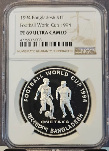 1994 BANGLADESH SILVER TAKA FOOTBALL WORLD CUP NGC PF 69 ULTRA CAMEO SCARCE COIN