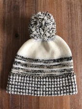 NWT Gap Kids Girl's Knit Pom Beanie - Cream  Black - Merino Wool Blend
