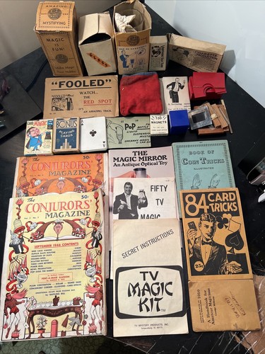 Lotto vintage mago magico libretti rivista congiuratori carte vetro trucchi seta