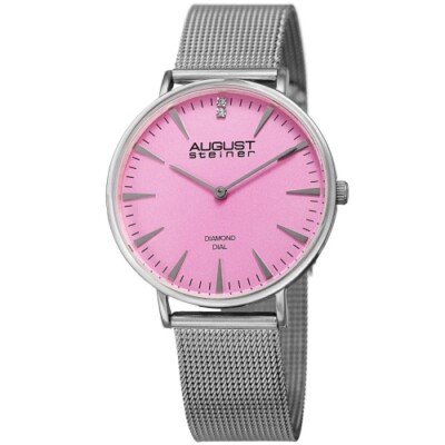 August Steiner AS8207SS Quartz Pink Dial Silver Mesh Strap Womens Watch