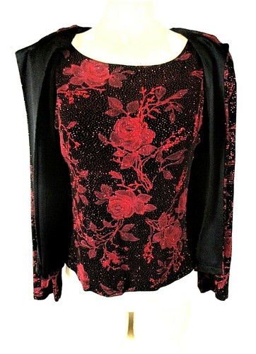 JS Edward womens Medium black RED GLITTER 2 piece top jacket lined set (R)PM - Picture 4 of 12