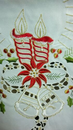 51'' Round White Embroidered Christmas Red Poinsettia Polyester Tablecloth - Picture 4 of 6