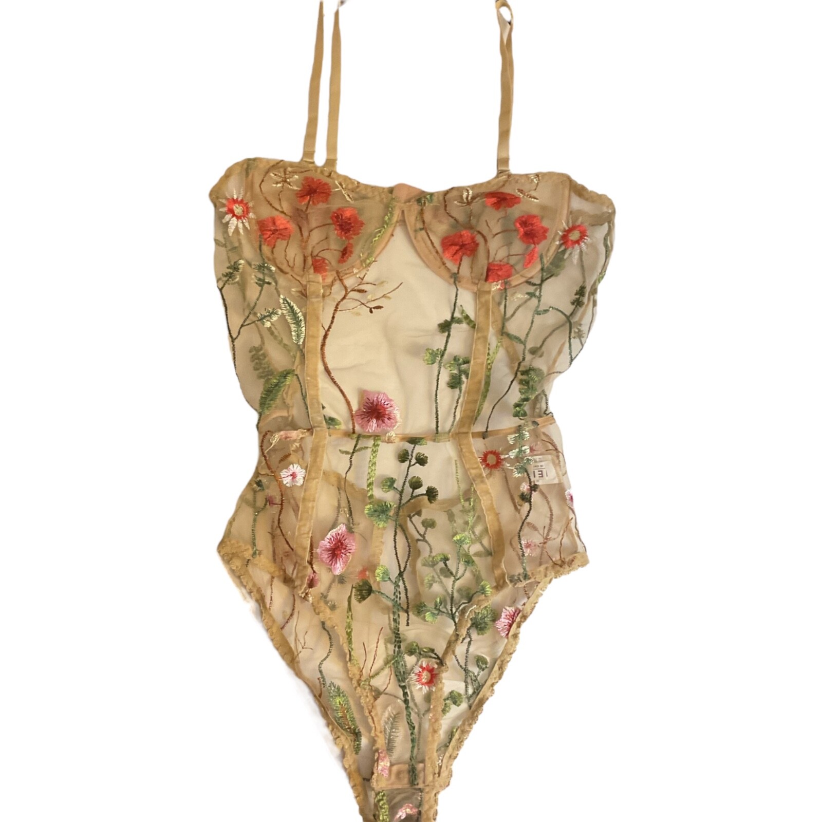 SHEIN Bodysuit Top SZ M Sheer Lace Colorful Embroidered Beige Velvet Trim Mesh-image
