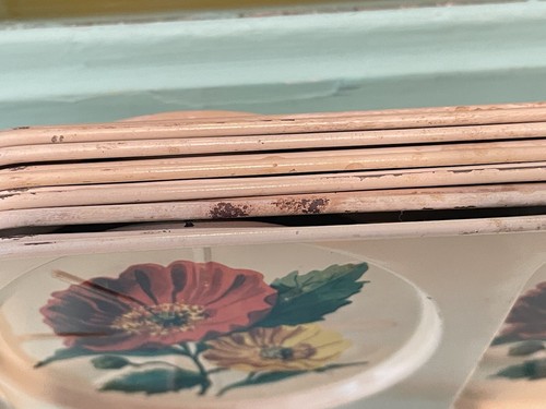 Vintage 1950s Floral Cream Serving Tin Tip Toleware Teatime Serving Tray Set MCM - Picture 6 of 23