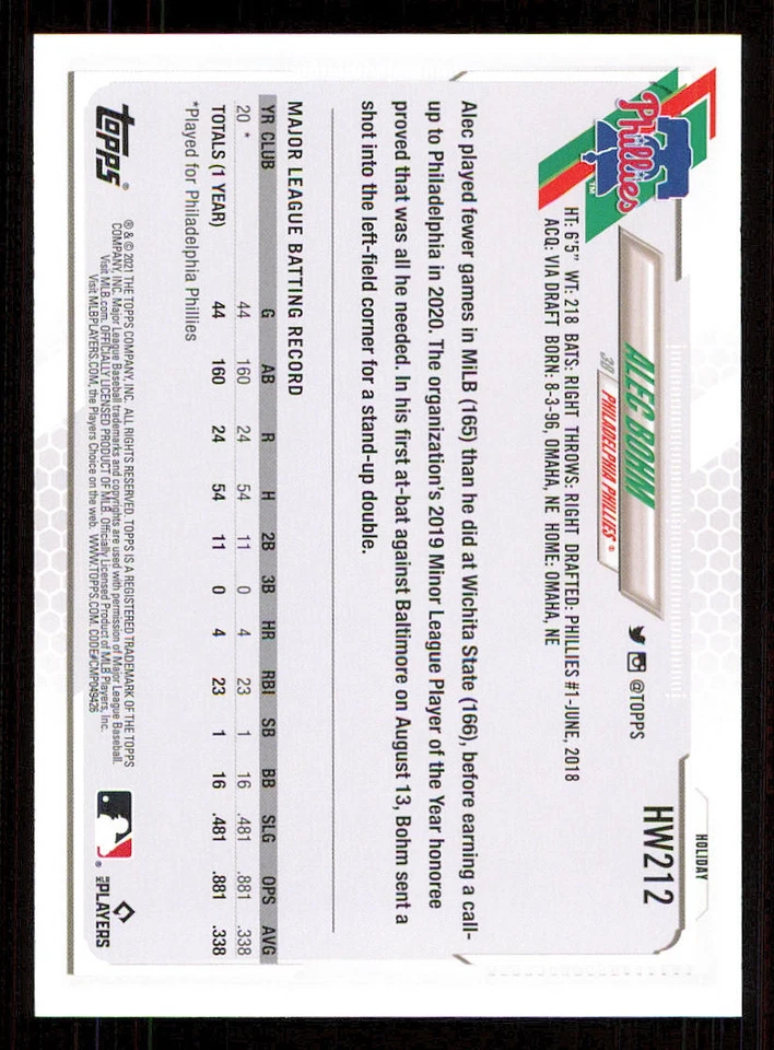 2021 Topps Walmart Holiday #HW212 Alec Bohm Rookie - Image 2 of 2