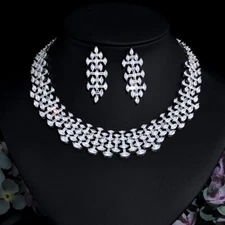 Amerian Crystal Leaf Wedding Necklace Earring Silver Plated CZ Women Jewelry Set