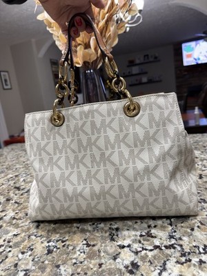 Michael Kors Cynthia Signature Logo Tote Bag White Tan Gold Hardware