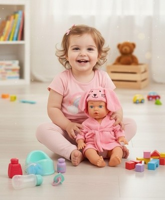Babypuppe 35 cm Trinkt & macht Pipi Zubehör Set Bademantel abnehmbar puppe NEU