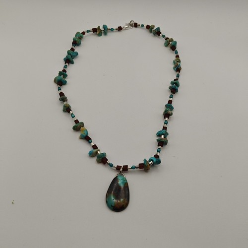 16" Handmade Artisan Turquoise Teal Beaded Pendant Necklace Silver Tone Clasp - Picture 6 of 8