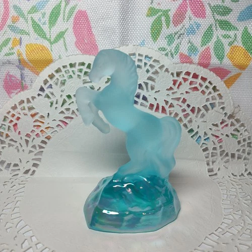 Custom OOAK Fenton Aqua Blue Satin Carnival Glass Base Unicorn Horse  By JS 2026