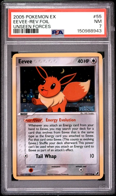 2005 POKEMON EX UNSEEN FORCES #55 EEVEE-REVERSE FOIL PSA 7