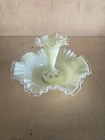 Fenton Ivory Crest Rare Epergne BOWL FLOWER FROG Console Set !!GLOWS URANIUM!!