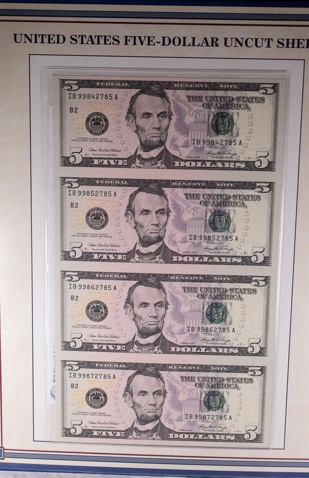 United States $5 Currency 2006 Uncut Sheet 2001 & 2006 *Star* Notes UNC - Image 2 of 4