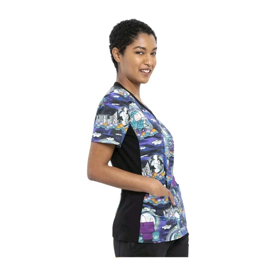 Tooniforms Women Scrubs Top V Neck Knit Panel TF636 Peanuts Midnight Pumpkin XXS - Image 3 of 4