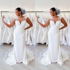 Sexy Mermaid Wedding Dresses Scoop Neck Lace White Ivory Sweep Train Bridal Gown