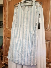 Saks Fifth Avenue Blue & White Striped A-Line Linen Beachy Sundress, Sz XL, NEW