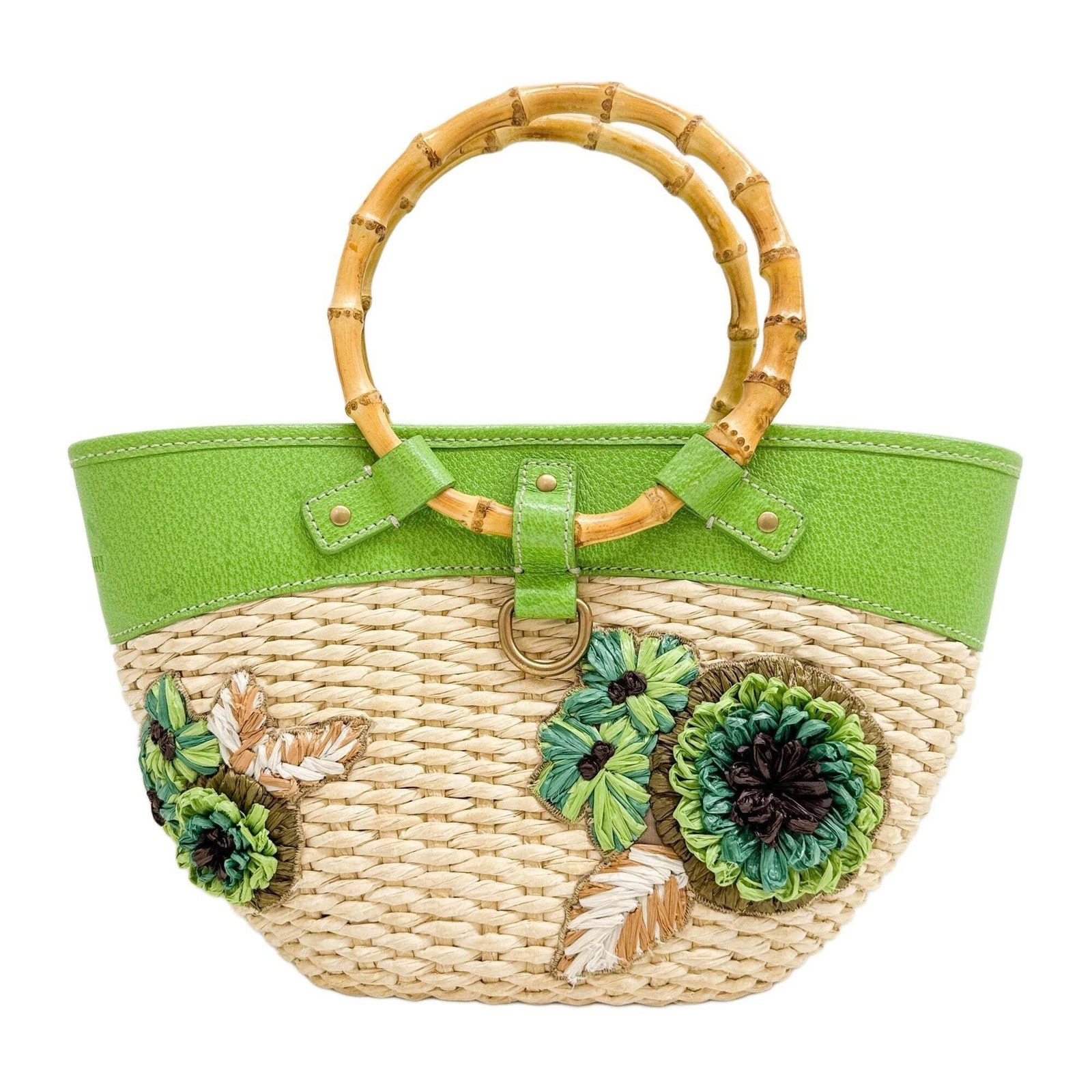 Miu Miu — MIU MIU Green Leather Trim Bamboo Straw Hand Bag