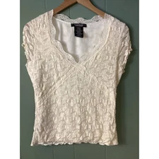Rampage Cream Lace V Neck Short Sleeve Top Feminine Romantic Angel Women L