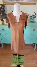 Express Brown Suede Fringe Sheath Dress Split Neck Sleeveless XS