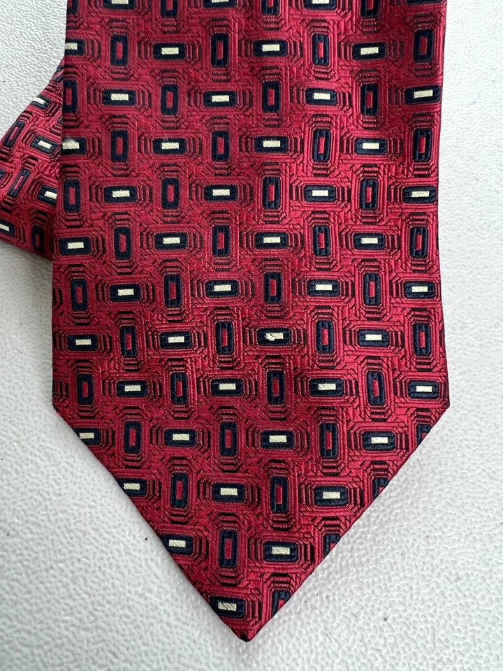 Corbata Joseph & Lyman roja, azul patrón geométrico 100 % seda hecha en EE. UU. NUEVA SIN ETIQUETAS Foto 2 de 4