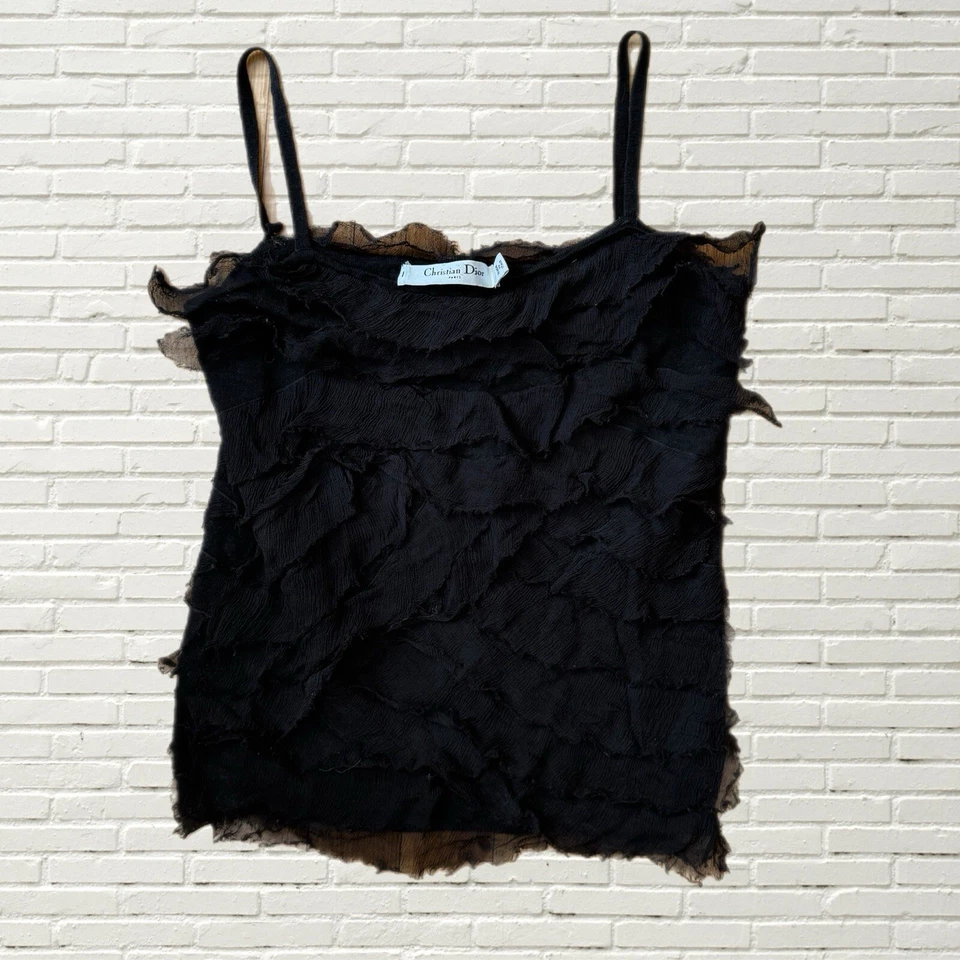 Camiseta sin mangas Christian DIOR vintage - lana negra con volantes de seda Xs/s 2001 Foto 2 de 4