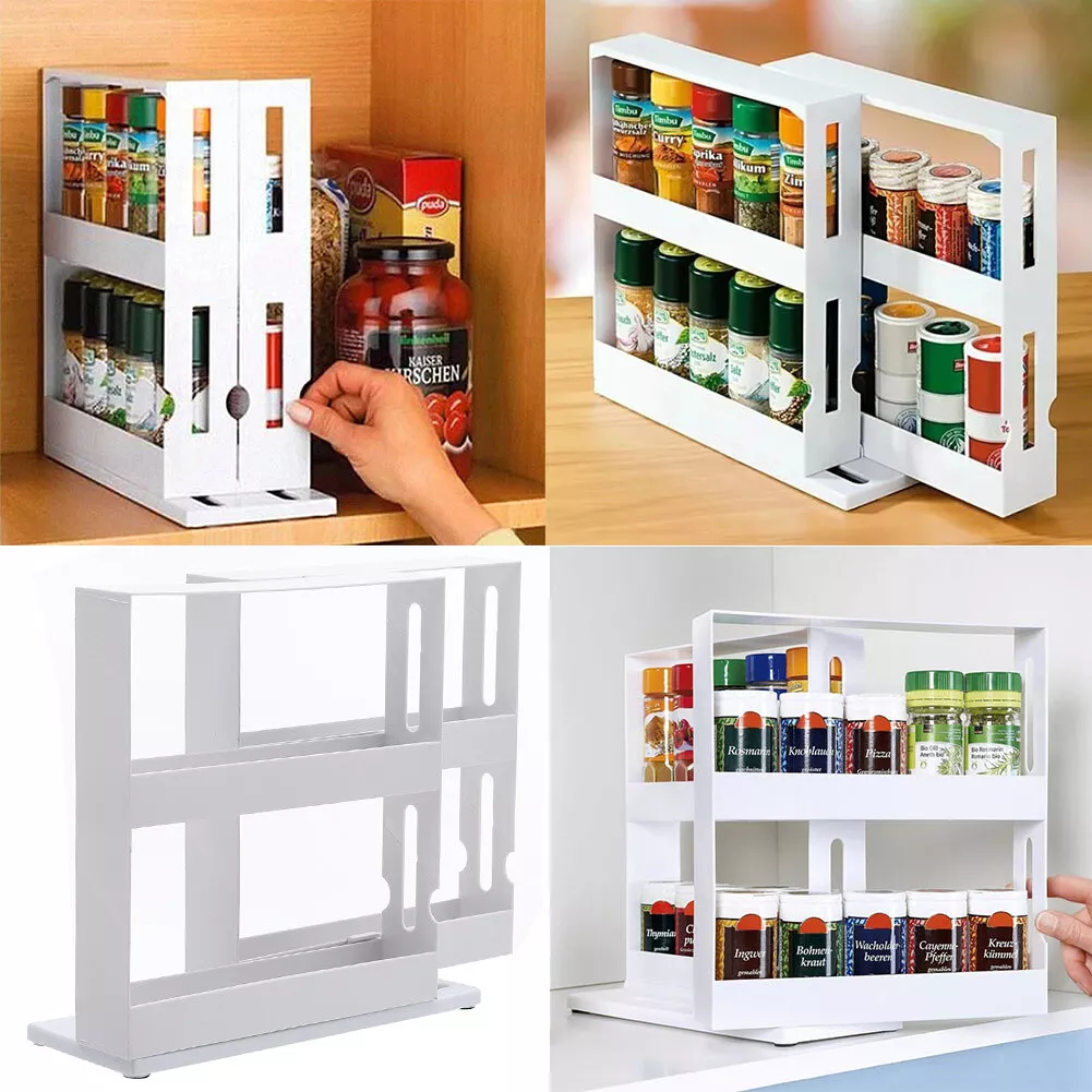 2 Layer Rotating Jars Spice Rack Shelf Kitchen Cupboard Organiser Storage Holder