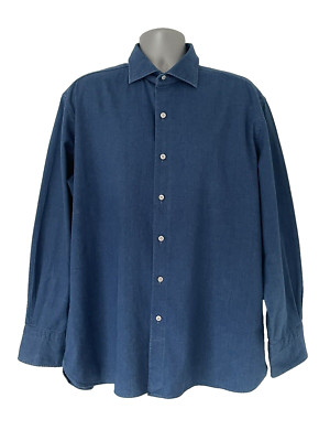 TOM FORD HERREN FREIZEIT BLAU DENIM BAUMWOLLE LANGARM HEMD GR 45 UK XL