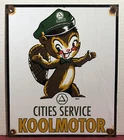 VINTAGE 1947 DATED CITIES SERVICE KOOLMOTOR 12” PORCELAIN GAS SQUIRREL SIGN