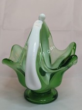 VINTAGE MURANO STYLE STRETCHED BASKET GREEN AND WHITE 6.5"T