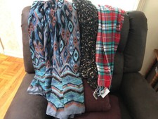 Lot of 3 Womens Long Fashion Scarfs. 1 Blk/Tan,1 Blue Aztec Pattern,1 Red Plaid.