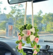 Car Plant Crochet Hanging Basket Cute Rearview Mirror Hanging Ornament Car Decor