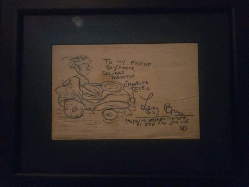 Lenny Bruce Sketch Signed And Autographed With Inscription To Friend On A Napkin
