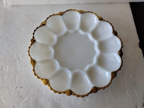 Anchor Hocking Vintage 1950s Milk Glass Deviled Egg Dish Plate with Gold Trim