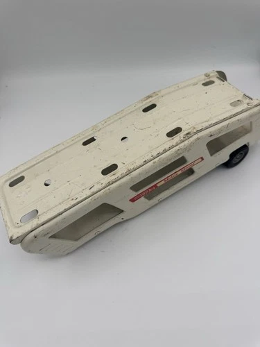 Vintage Tonka 11” Car Hauler Pressed Steel Mini Motor Mover White Trailer