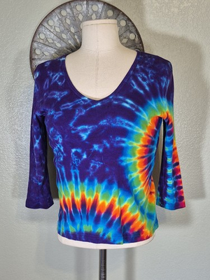 #ad Dharma Trading Co. Tie Dye Top Womens Sz L Blue V Neck 3 4 Sleeve $15.99