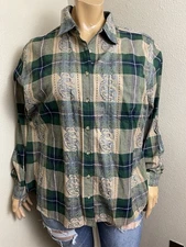CST Sport Womens Button Up Shirt Size 1X Green Brown Plaid Long Sleeve Top New