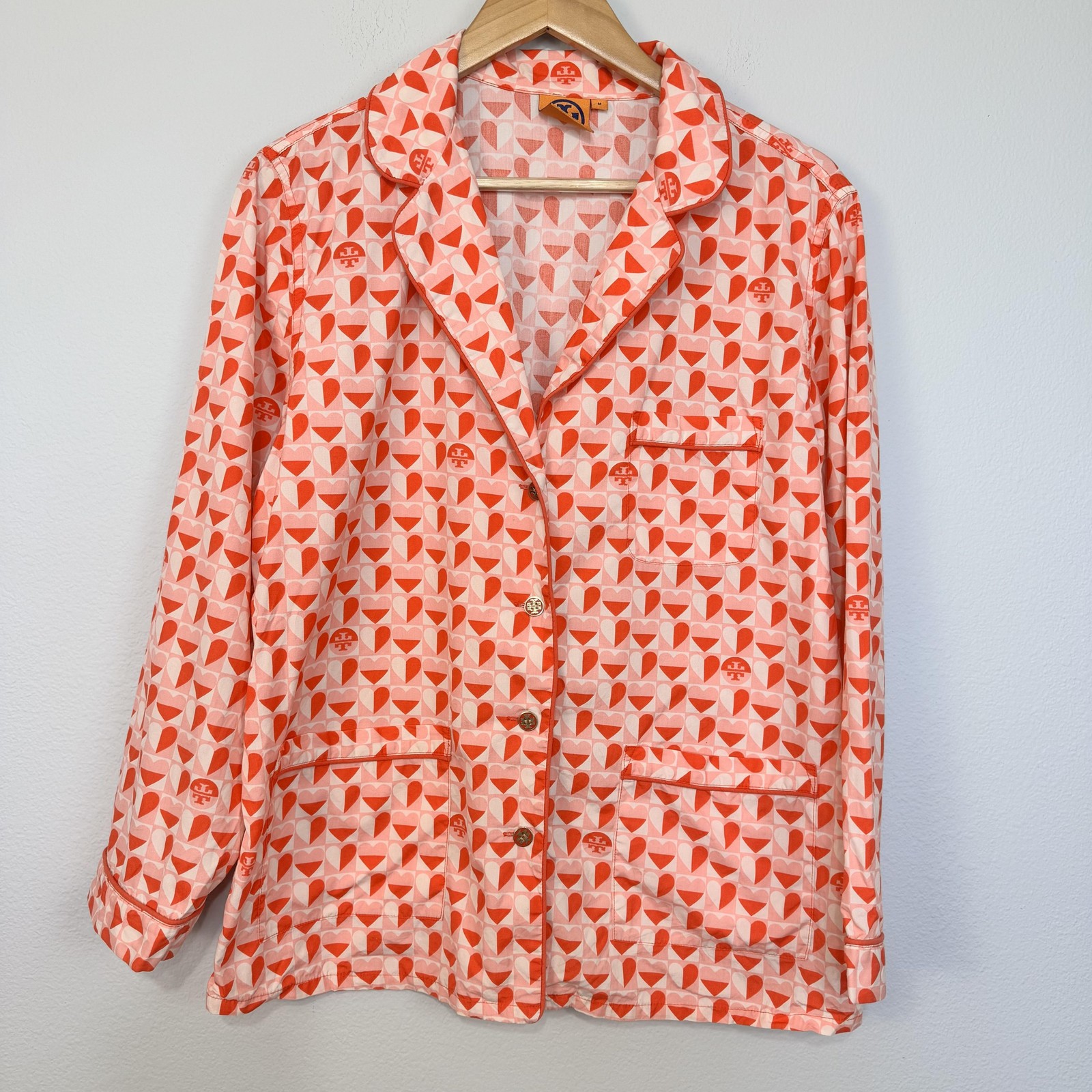 Tory Burch Pajama Top Women's Medium Pink Heart Print Button Front Cotton Logo