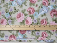 6-3/4 Yds X 44" Spring Green With Large Pink Roses / Blue, Purple Flowers