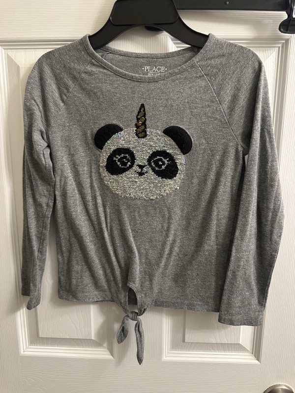 The Children’s Place Size 7/8 M Long Sleeve Flip Panda Sequin Gray Shirt Top