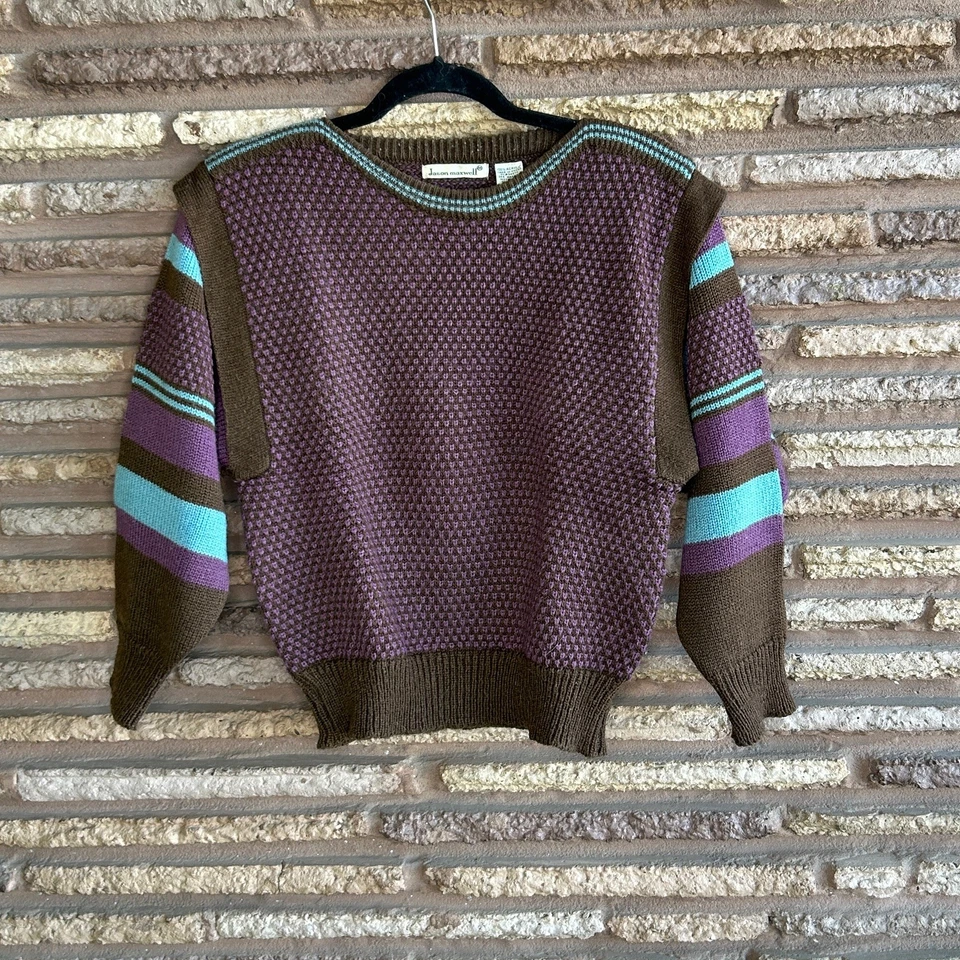 Suéter Vintage Años 90 Jason Maxwell Púrpura Marrón Palomitas Tejido Mangas a Rayas Foto 2 de 4
