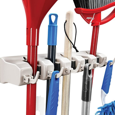 Home It Mop and Broom Holder Wall Mount - Garage Storage Systems with 5 Slots, 6