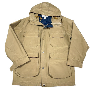 Vintage LL Bean Jacket Men Medium Tan Rain Chore Coat Nylon Hooded USA 80s 90s