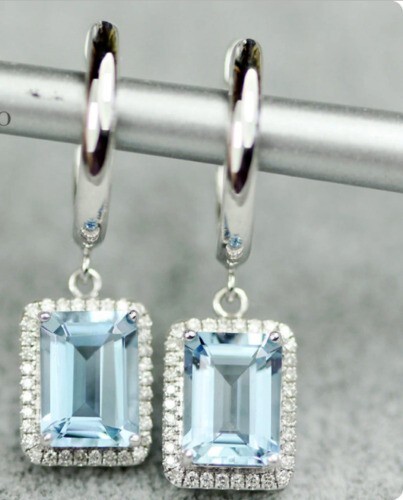 3Ct Emerald Cut Aquamarine Halo Drop Earrings in 14K White Gold Plated